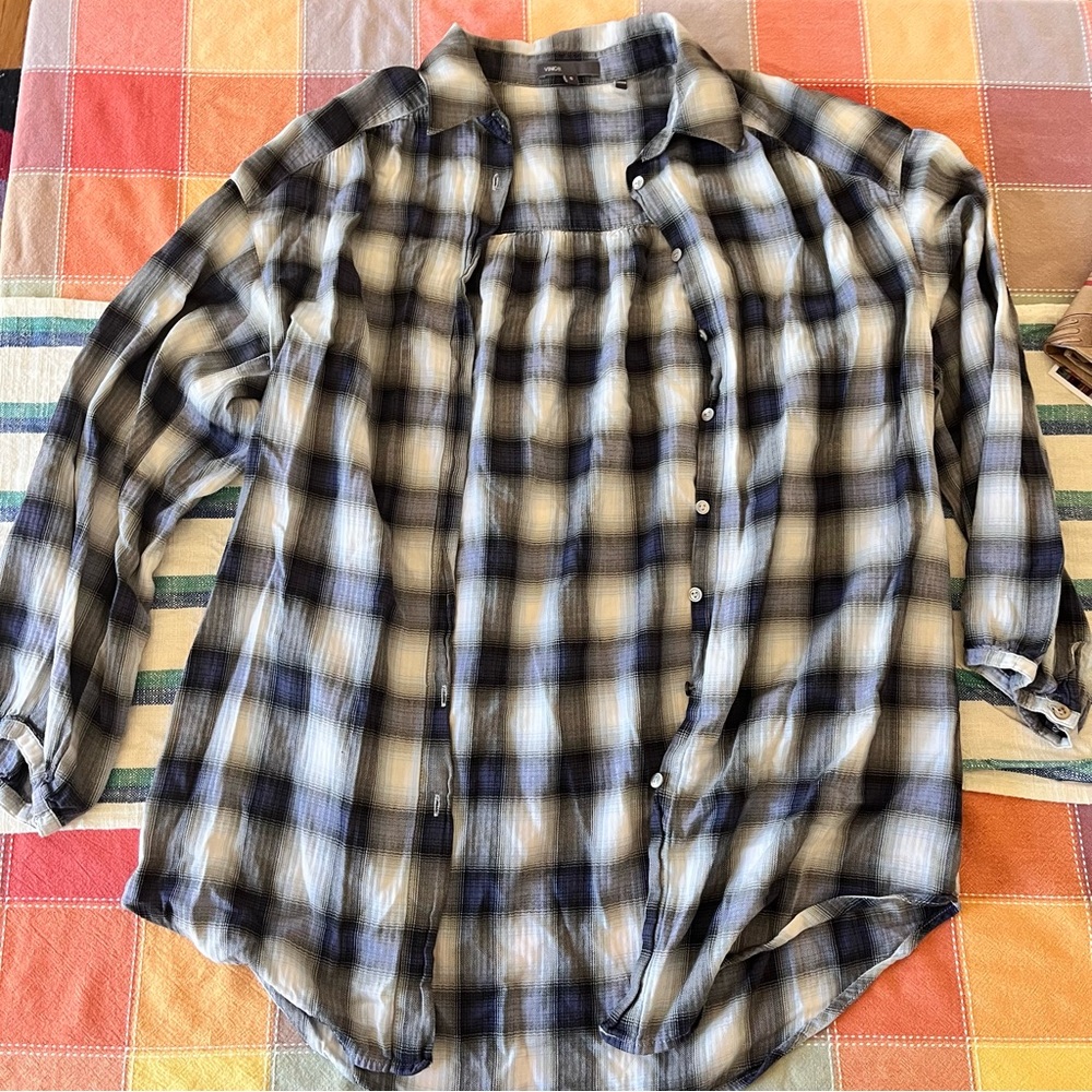 Vince Plaid Long Sleeve 100% Cotton Oversized Blouse Size XS